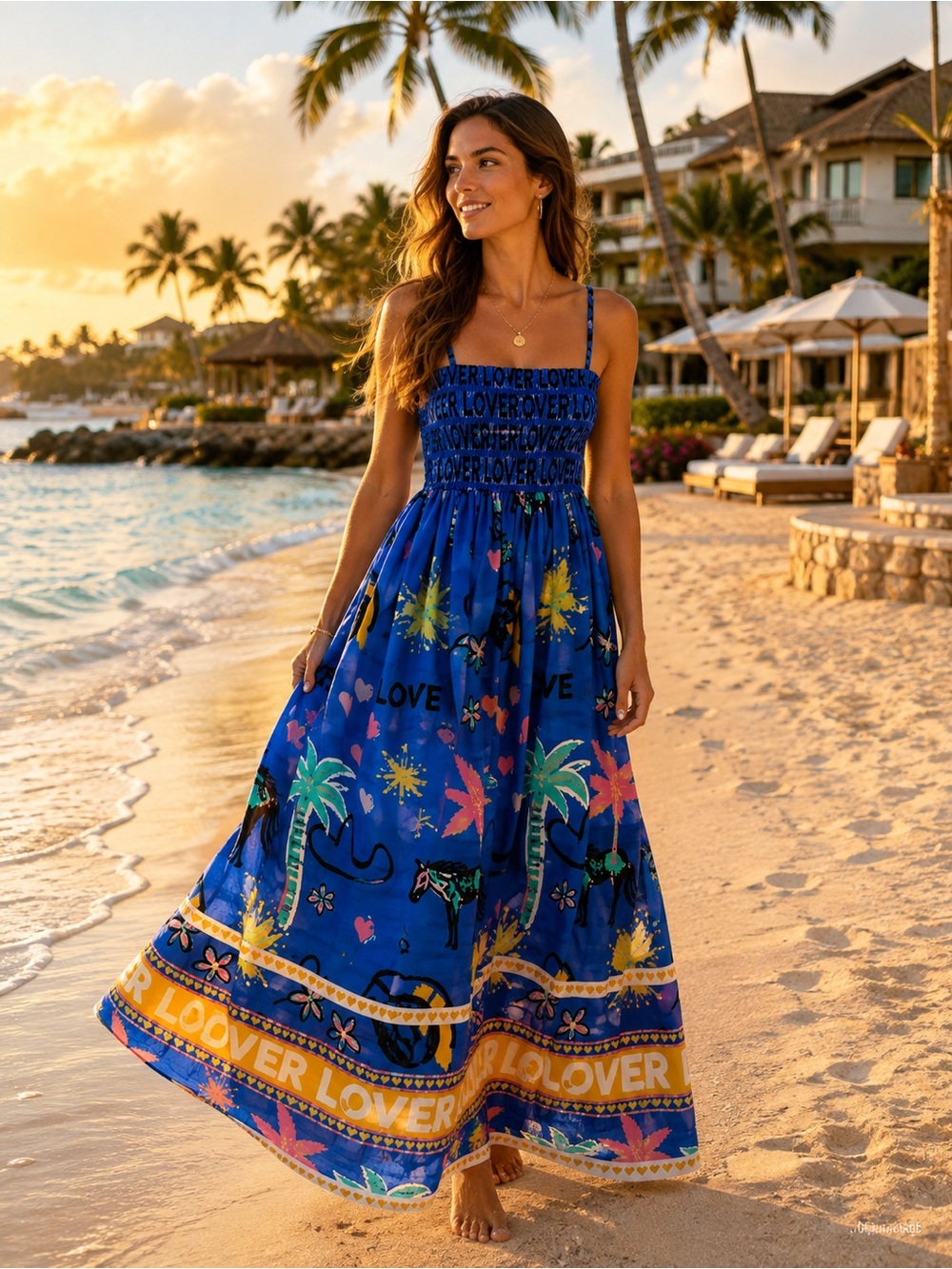 ROMY Lover Lover Sundress Blue Cotton Silk Maxi Dress Smocked Tropical Print S